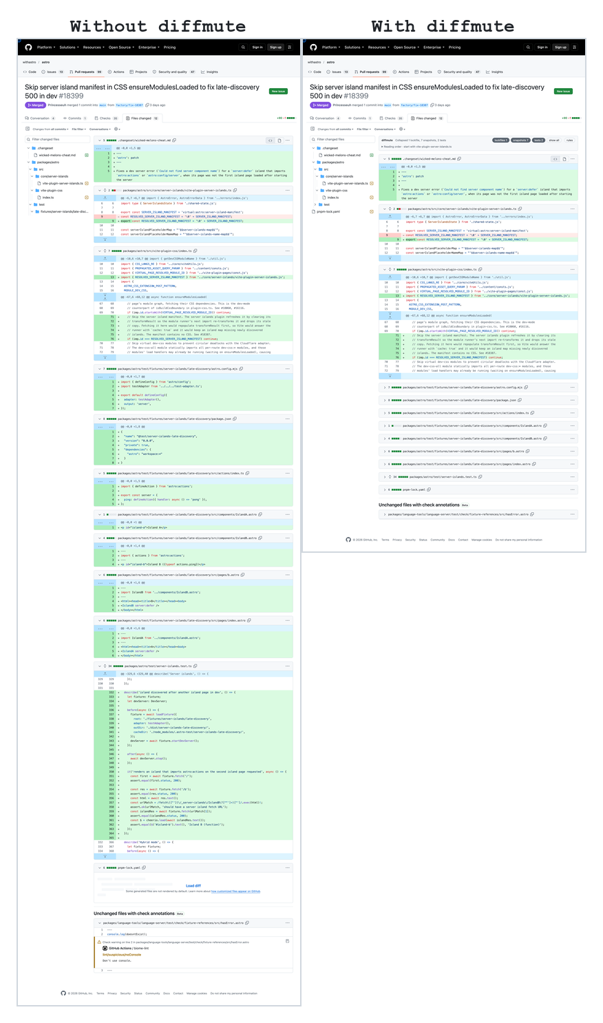 The same Astro pull request with and without diffmute. With it, the page is about half as long.