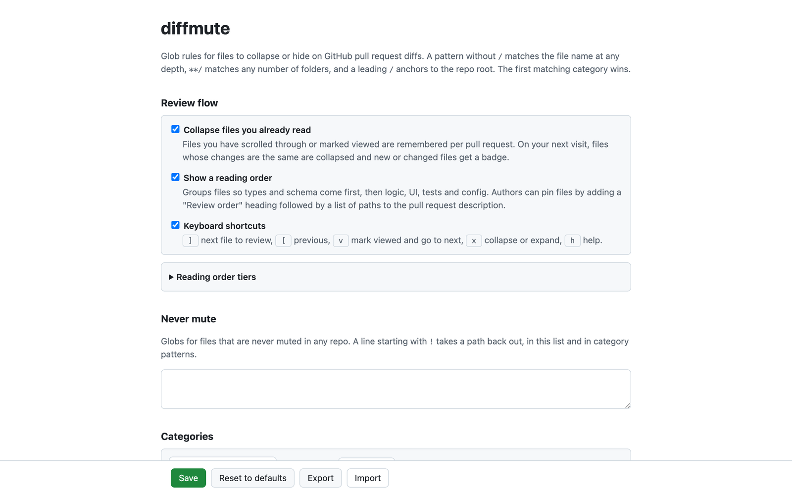 The diffmute options page, with switches for collapsing read files, the reading order and keyboard shortcuts.